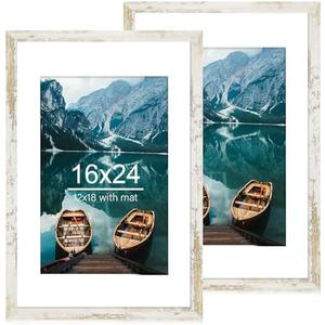 Hongkee 16x24 Frame Set of 2, Distressed White Wood Style - Display 16 x 24 Picture without Mat or 12x18 Picture with Mat, Wall Mounting Horizontal and Vertical