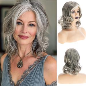 Grey Curly Wavy Wig for Women Mid-Length Gray Synthetic Natural Looking Heat Resistant Halloween Cosplay Wig