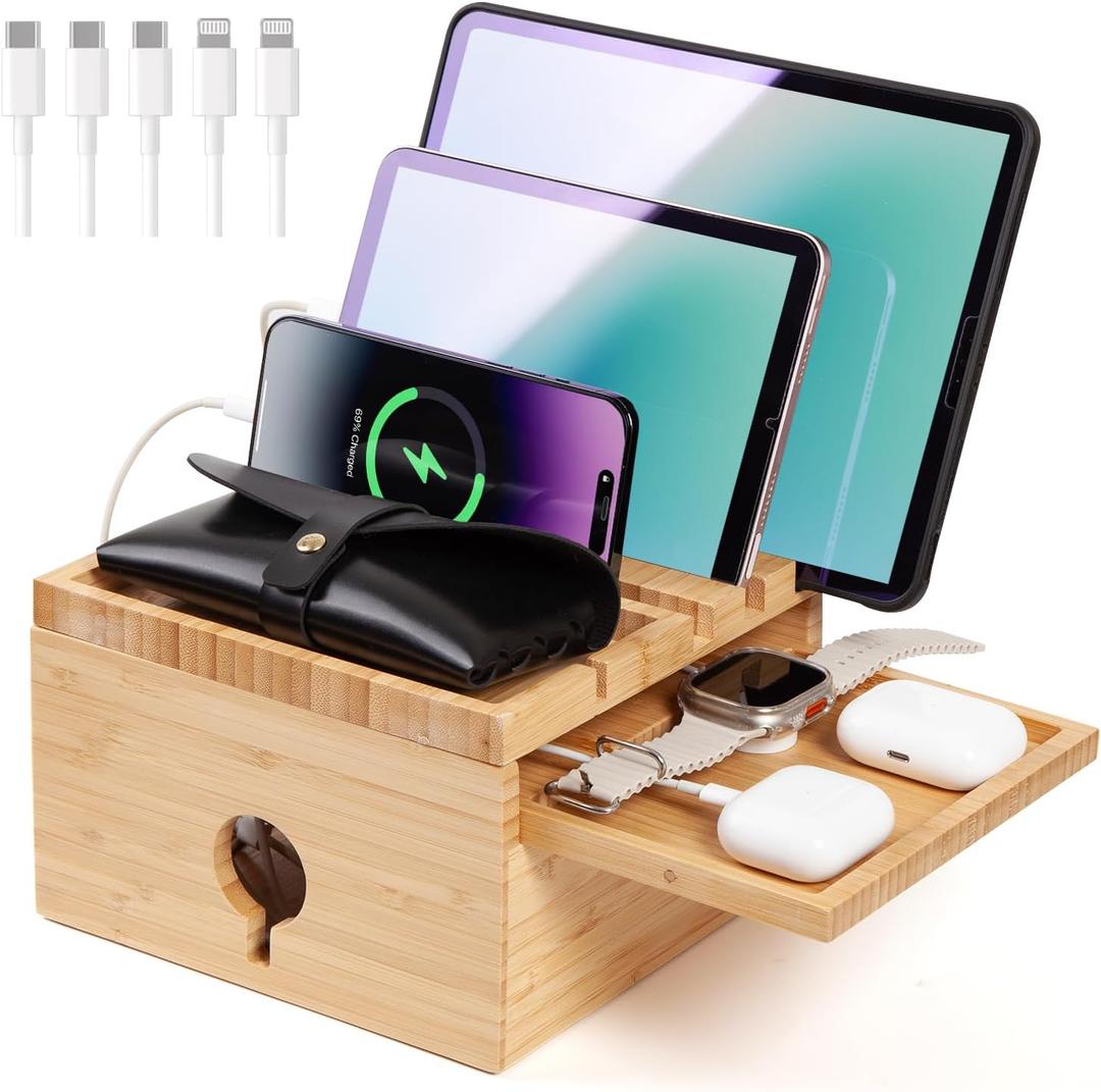 Bamboo Charging Station for Multiple Devices, Nightstand Docking Station with Small Tray -Included 5 Cables, Desktop Wood Charger Organizer, Compatible with Cell Phone, Tablet, Earphones