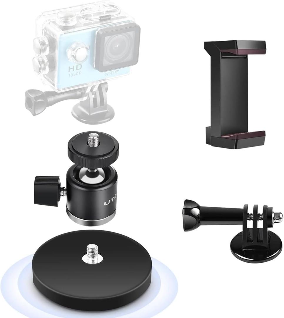 UTEBIT 66mm Strong Magnetic Base Mount for Action Camera, Magnet Camera Mount with 360° Rotation Ball Head & Phone Holder Mount, Compatible with Gopro Hero, DJI Osmo Action Osmo Nano, Insta360, Black