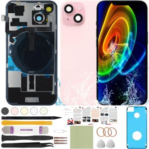 Back Screen Glass Replacement Compatible with iPhone 15 All Carriers 6.1" + Pre-Installed Plate + Wireless Charging Coil Flex Cable + Microphone + Flashlight + Camera Frame (Pink)
