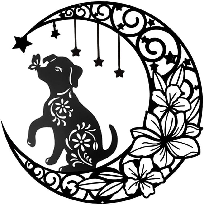 12 Inch Black Metal Dog Wall Art Decor, Cute Moon Dog Silhouette Wall Hanging Sculpture for Living Room Bedroom Bathroom Decoration Home Accents