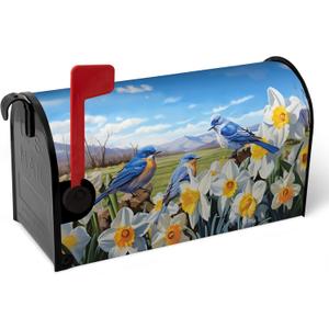 Spring Mailbox Covers Magnetic Oversized Summer Bluebirds Daffodil Post Letter Cover Floral Bird Mailbox Wraps Blue Sky Mail Box Decor for Garden Yard Large Size 25.5 X 21 Inch