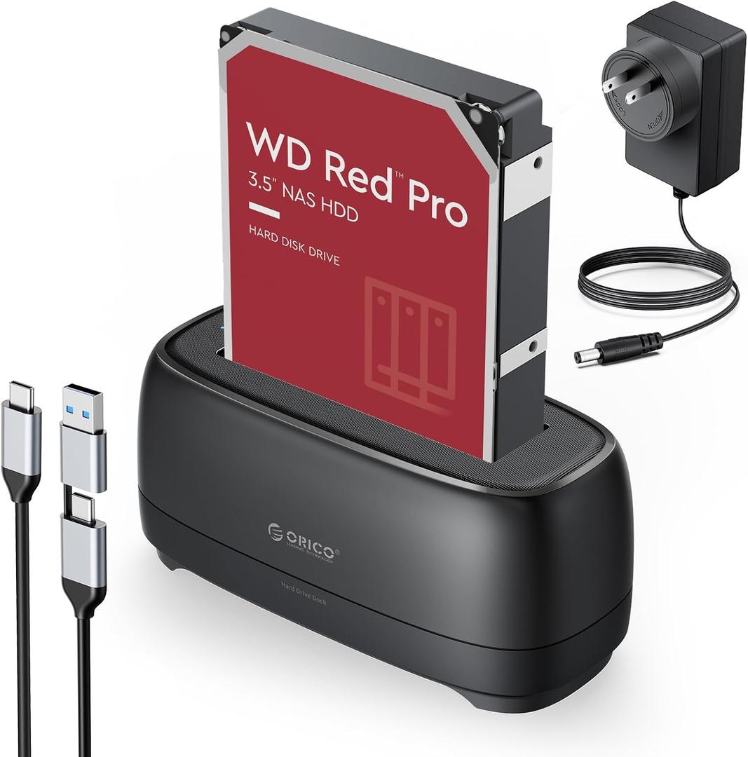 ORICO Hard Drive Docking Station for USB C 2.5/3.5 SSD HDD SATA I II III External Hard Drive Dock 22TB 2 in-1 Type C to USB A Cable (DD18C3)