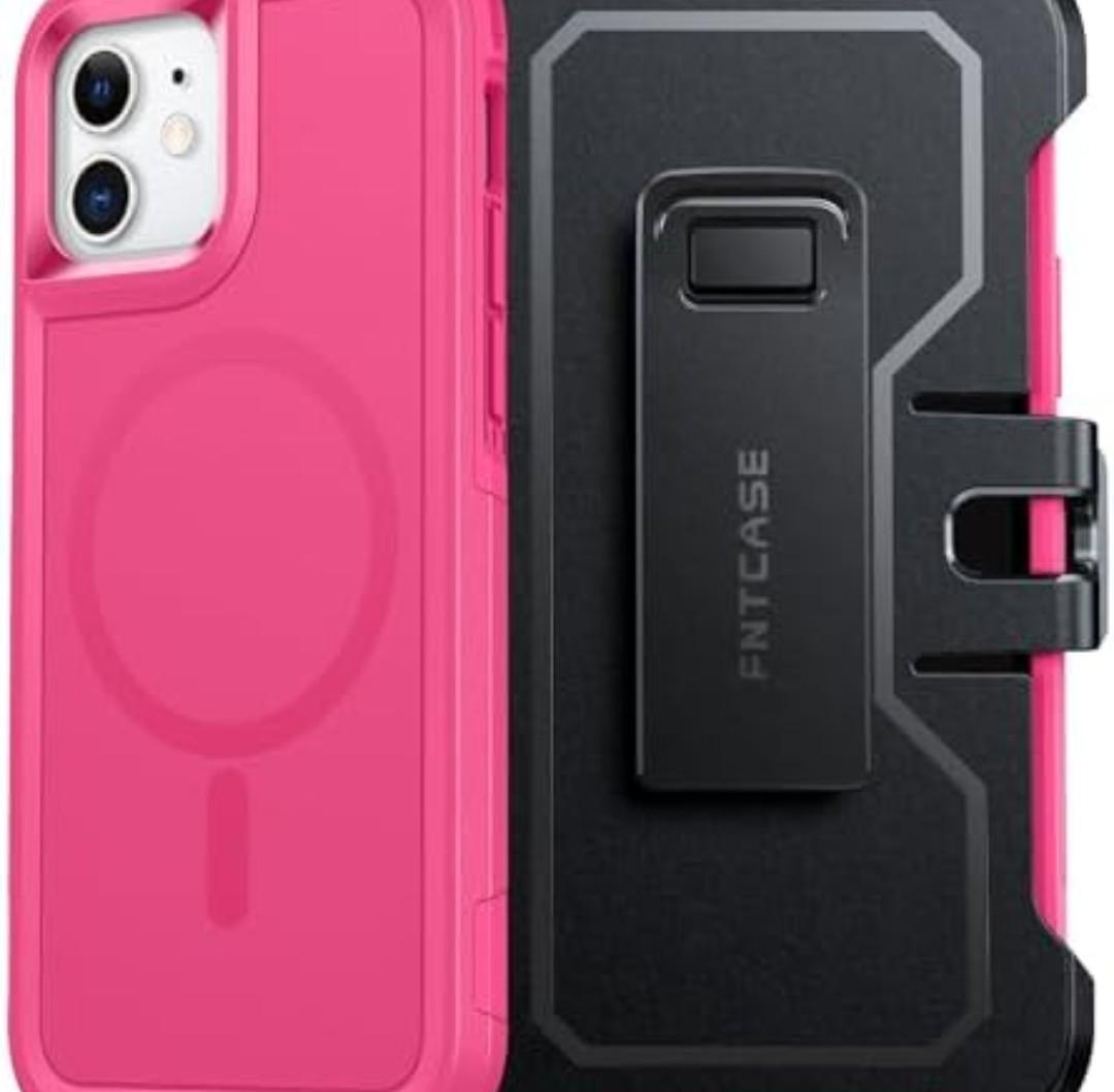 2 x FNTCASE for iPhone 12 Magnet Case: Magnetic Dual Layer Protective Cell Phone Cover with Belt-Clip Holster | Military Grade Drop Proof Protection Durable Non Slip Textured Back Phonecase (Hot Pink)