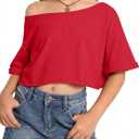 Girls Off The Shoulder Tops Short Sleeve Oversized T Shirts Rolled Cuffs Loose Fit Crop Tops for Kids, R ed, 13-14 Years