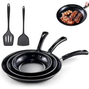 Nonstick Frying Pans Set of 3 - Carbon Steel Frying Pans with PFOA-Free Coating, Durable, Even-Heating, Stay-Cool Handle, Include 2 Spatulas & 7.9, 10.2, 11.8 Inch Skillets for All Stovetops