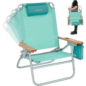 #WEJOY Folding Beach Chair for Adults 4 Position Aluminum Beach Chair with Headrest, Wooden Armrests, Cup Holder for Outdoor Camp Lawn Picnic BBQ Support 300LBS Backpack Folding Reclining Beach Chairs