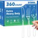 BYSNOW 360 Count Extra Heavy Duty Plastic Silverware, BPA-Free, Heat Resistant, Disposable Clear Plastic Utensils Set, Plastic Cutlery Set, Plasticware Bulk for Parties, Events and Everyday Use