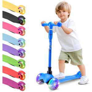 Hurtle Mini Kickboard 3 Wheel Scooter for Kids Ages 2-5 – Lean-to-Steer Toddler Scooter with Light-Up LED Wheels, Adjustable Height & Rear Foot Brake for Boys & Girls, Anti-Slip, Indoor/Outdoor