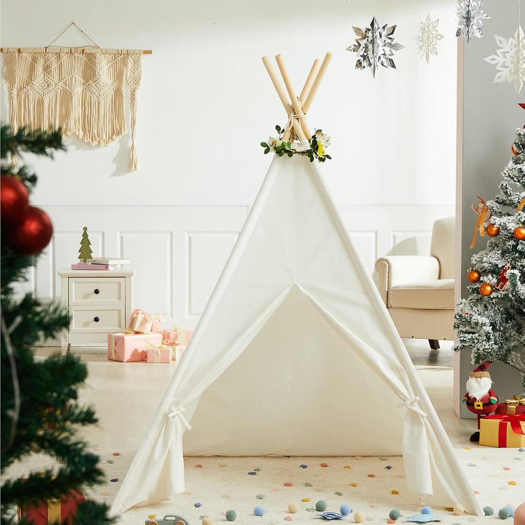 Asweets Kids Teepee Tent, Children Play Tent, Indoor Outdoor Cotton Play Tent for Girls & Boys Kids (Pure White Tent)