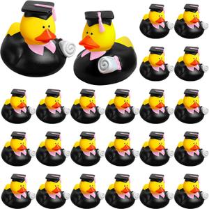 Sratte 24 Pack 2" Graduation Ducks Class of 2025 Diploma Grad Bulk Rubber Ducks for Cruise Student Adults Graduates Gift Prize Graduation Party Decorations School College(Black, Pink)