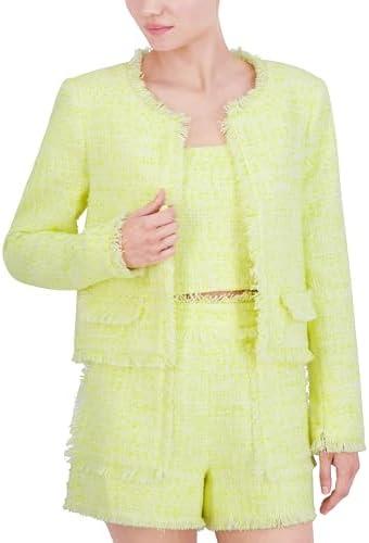 BCBGMAXAZRIA Women's Long Sleeve Round Neck Tweed Jacket, Yellow M