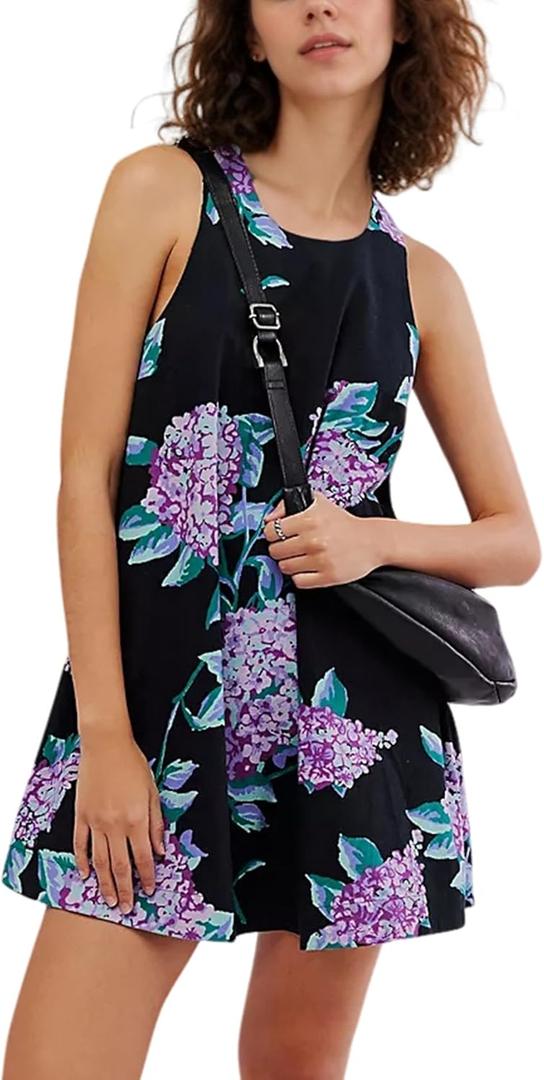 SKIKYAN Women Summer Cotton Mini Dress Floral Print Tank Dress Blackless Sleeveless Casual Sundress with Pockets (Purple, XL)