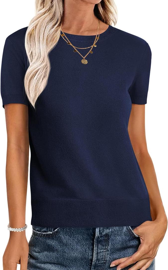ANRABESS Womens Short Sleeve Sweaters Wool Blend Crew Neck Sweater Shirts Business Casual Work Tops 2025 Summer Outfits (X-Large, Navy Blue)