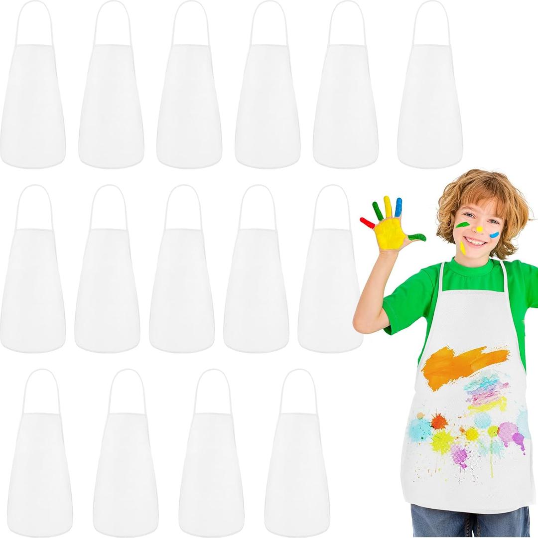 PLULON 15 Pcs Kids Apron Painting Aprons, Kids Aprons for Painting White Art Apron Smocks Bulk for Art Activity Craft Home Kitchen Classroom Party Supplies