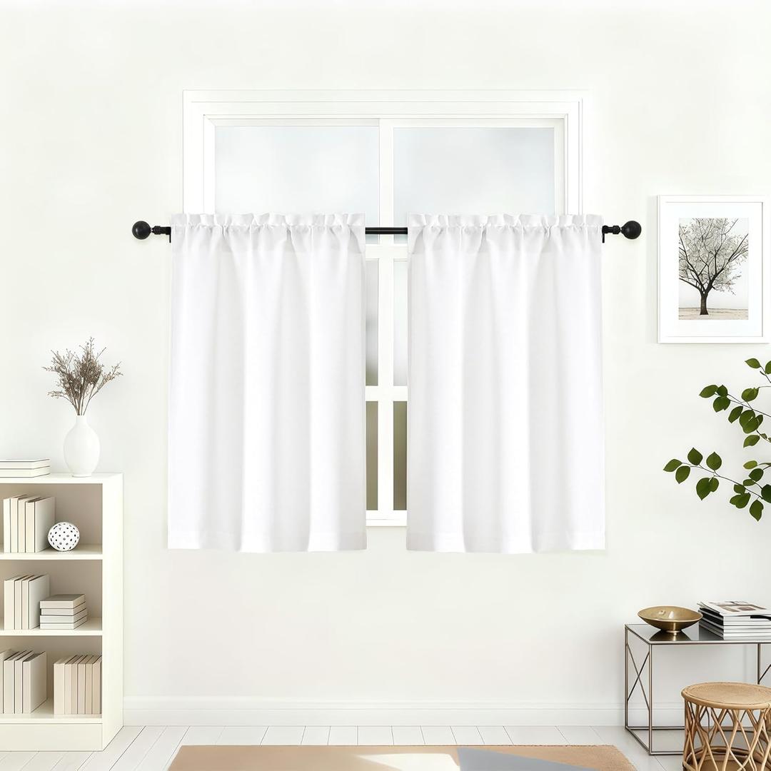 Lecloud White Kitchen Curtains 36 Inch Length 2 Pcs, Airy Privacy Light Filtering Short Tiers, Soft Modern Window Drapes for Cafe Bathroom Cabinet RV Camper Basement, Each Panel 30" W x 36" L