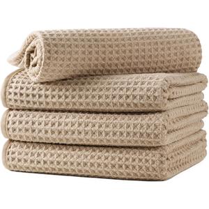 Microfiber Waffle Hand Towels, 4 Pieces, Soft, Absorbent, Fast Drying, Lint Free 430 GSM (Beige)
