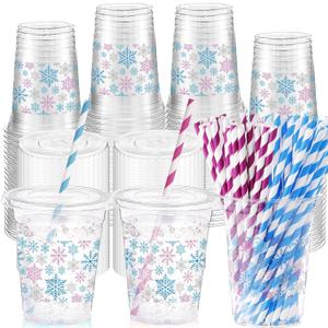Shellwei 50 Set 16 oz Winter Snowflakes Plastic Cups with Lids and Straw Disposable Clear Ice Coffee Beverage Drinking Cups for Christmas Birthday Winter Decorations(Blue Purple)