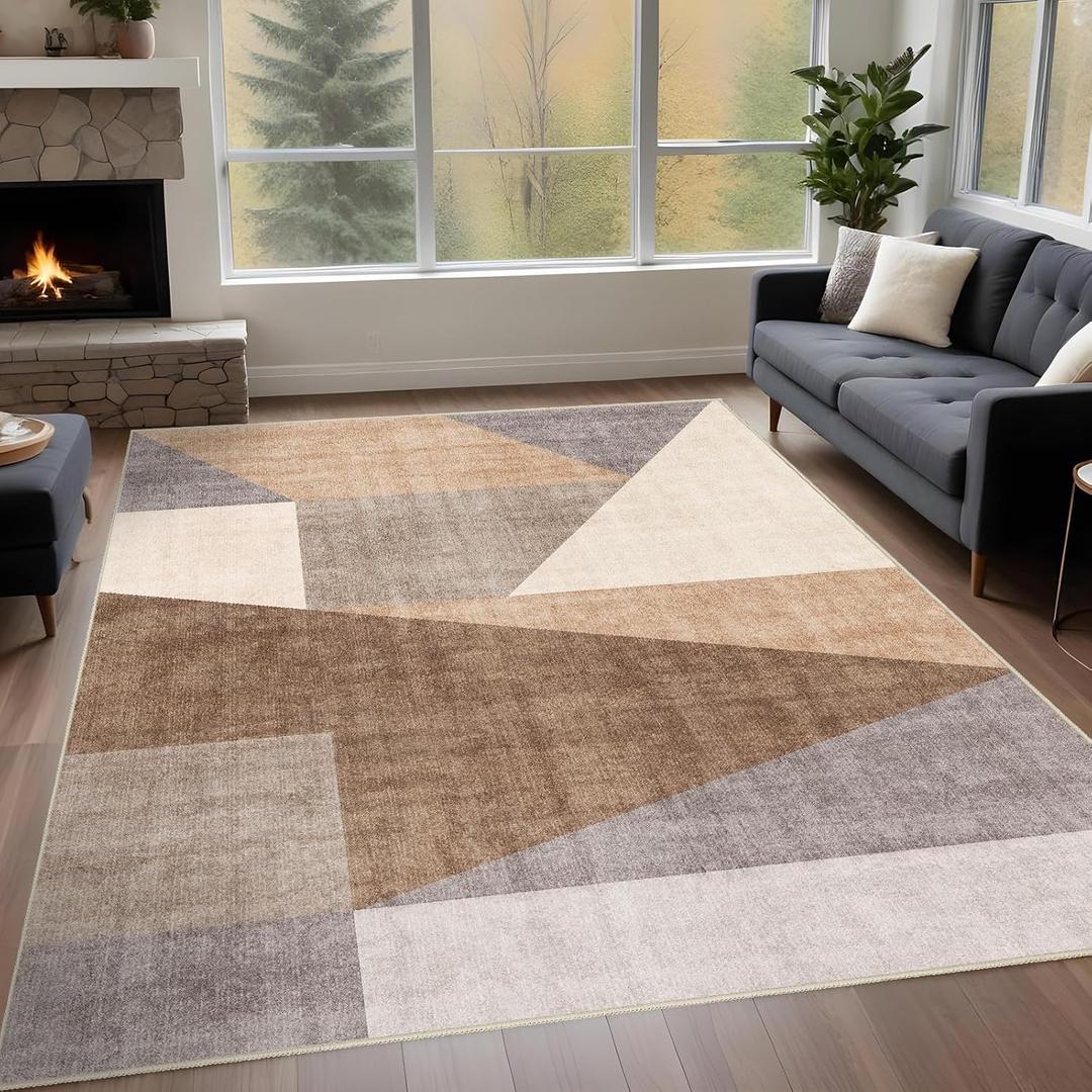 Washable Modern Area Rug: 5x7 Geometric Area Rugs for Living Room & Bedroom with Non-Slip Backing Modern Geometric Carpet for Living Room Brown 5'x7'.
