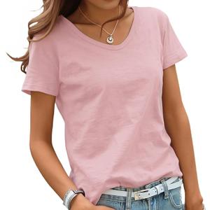 Women‘s Basic T-Shirts Short Sleeve,100% Lightweight Cotton,V Neck,Ladies Plain Soft Regular Loose Fit Workout Tees Tops for Women (Medium, Pink)