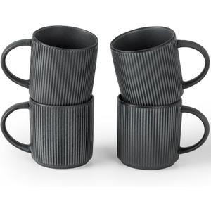 famiware Coffee Mug Set for 4, Star 12 oz Catering Mugs Cup Set with Handle for Coffee, Tea, Cocoa, Milk - Ceramic Stoneware Drinkware Set, Matte Dark Charcoal