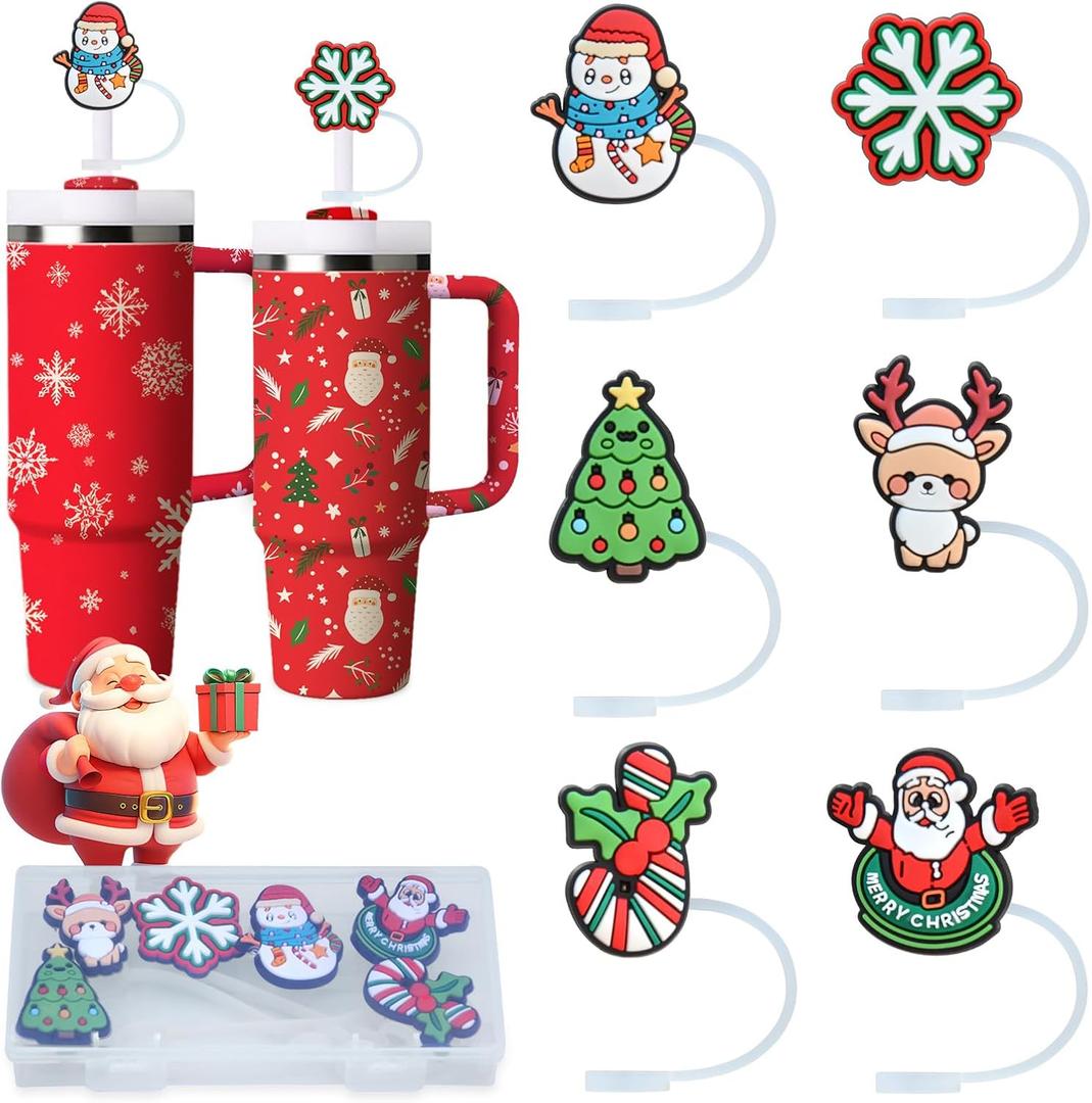 3 x Christmas Silicone Straw Topper Cup for Stanley Cup 30&40 oz Tumbler Accessories, Dust-Proof Cover Cap Toppers,0.4in/10mm Cute Straw Covers,Holiday Decor for Stocking Stuffers,Includes storage box (6 Pcs Christmas)