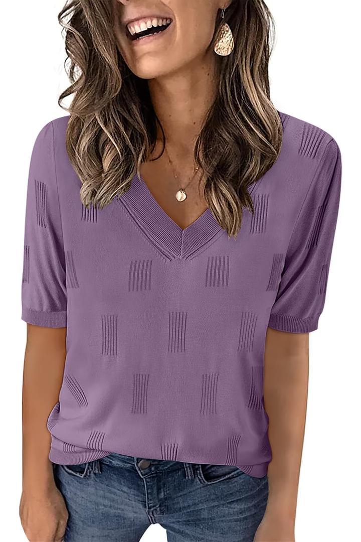 Yincro Womens Short Sleeve Sweaters Fall Summer Tops V Neck Lightweight Knit Pullovers(Misty Purple, L) (Purple, L)