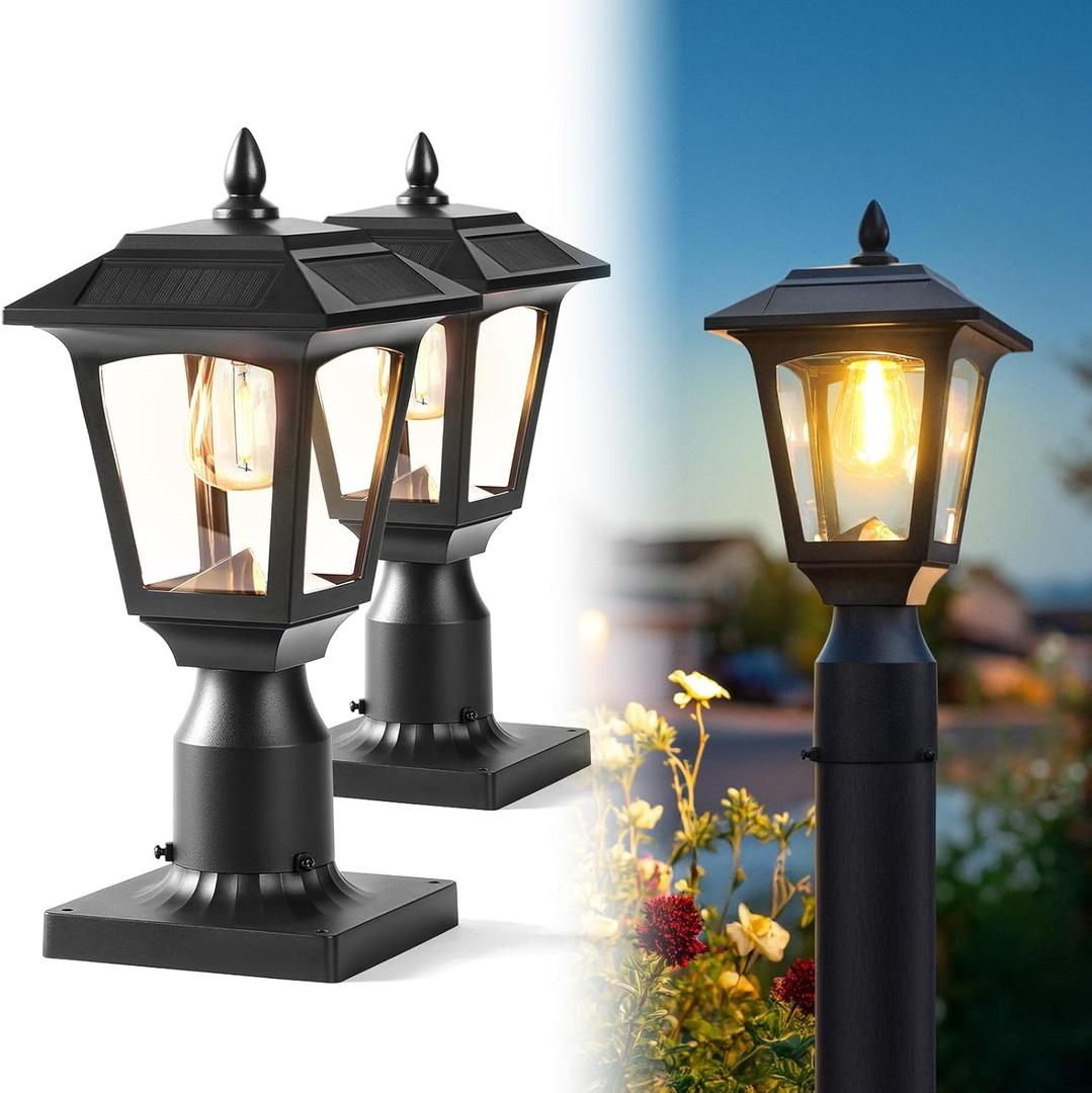PASAMIC Solar Post Light 2 Pack, 3000K (Warm White) Dusk to Dawn Outdoor Solar Lamp with Aluminum Base, Waterproof Pillar Light for Fence, Garden, Yard, Patio,Outside Decoration Bonus Bulb Included (Black)