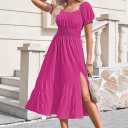 Linsery Women's Summer Square Neck Short Puff Sleeve Casual Smocked Flowy A Line Tiered Split Midi Dress (Pink, L)