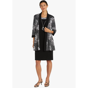 Black Shift Dress W/Attached Necklace & Floral 3/4 Sleeve Printed Jacket Size 12