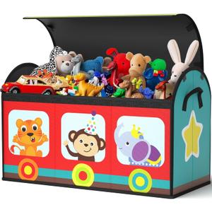 YOHOOLYO Toy Storage Organizer for Kids, 28.3x12.6x17.3 Large Sturdy Flip-Top Toy Box with Fabric Lid & Handles, Cute Train Design Toy Chest Bin Box Baskets for Playroom, Nursery, Boys, Girls
