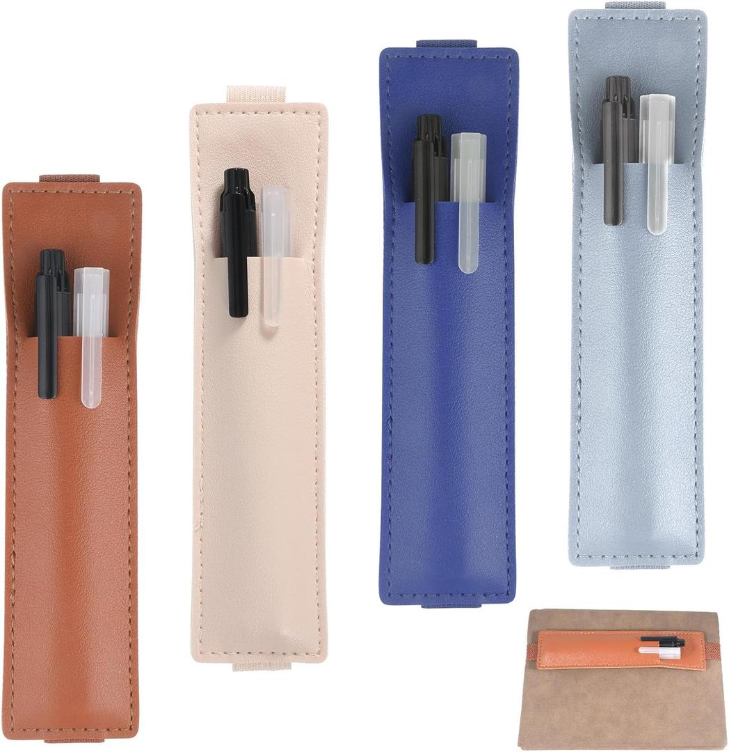 Thinp 4 Pcs Adjustable Pen Holder for Notebook, Pen Holder Strap Elastic Notebook Pens Holders PU Leather Pens Sleeve Pouch for Journal Planner Pencil Holders for Book Binder School Office Supplies