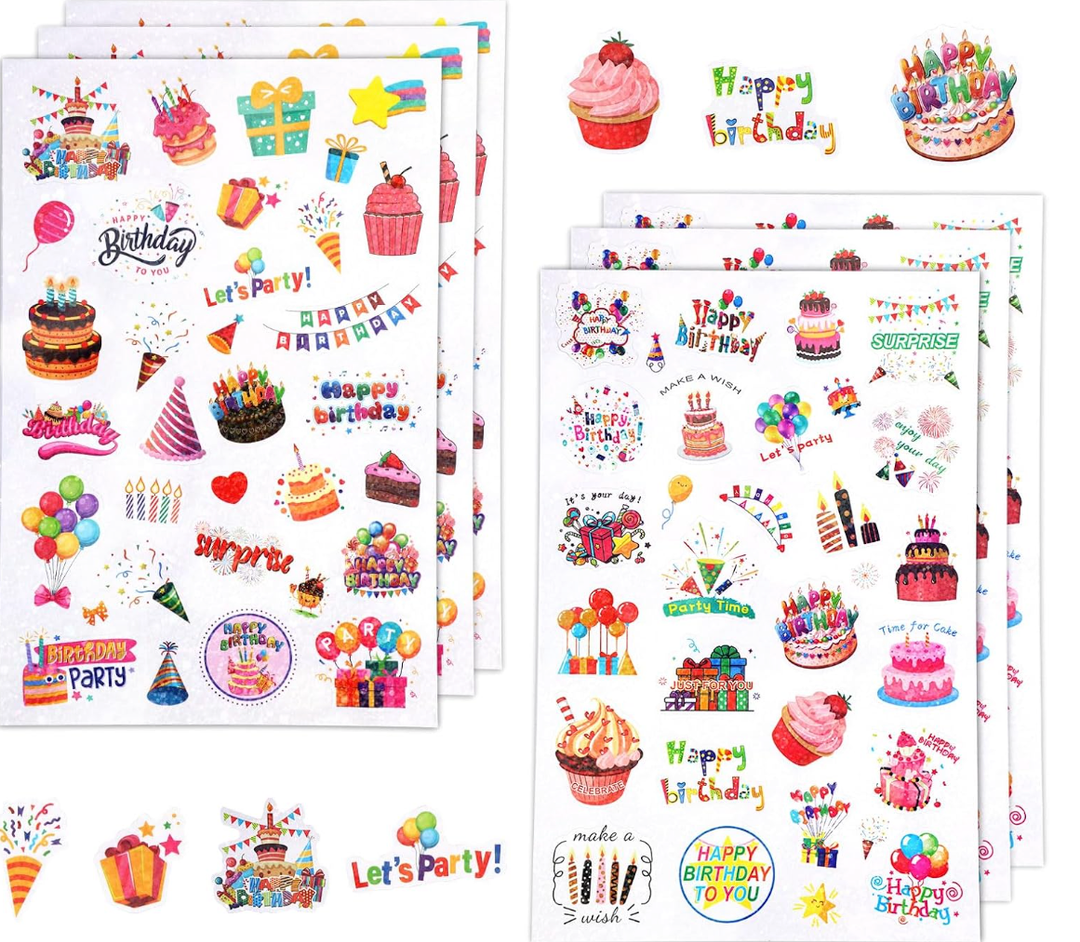 Sheets Happy Birthday Stickers, Variety of Styles Adhesive Cute Stickers Happy Birthday Party Supplies Decorations Decals for Kids