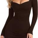 BEAGIMEG Women's Sexy Bodycon Long Sleeves A-line Sweetheart Neck Ruched Club Party Mini Dress (Brown)