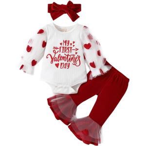 My First Valentines Day Toddler Baby Girl Outfit Red Heart Long Sleeve Romper and Flare Pants Infant Clothes (6-12 Months)