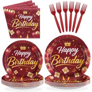 96Pcs Burgundy Birthday Party Decorations Maroon Wine Red Gold Birthday Paper Plates and Napkins Sets Red Golden Burgundy Theme Decorations for Winter Holiday Bday Dinner Party Supplies Serves 24