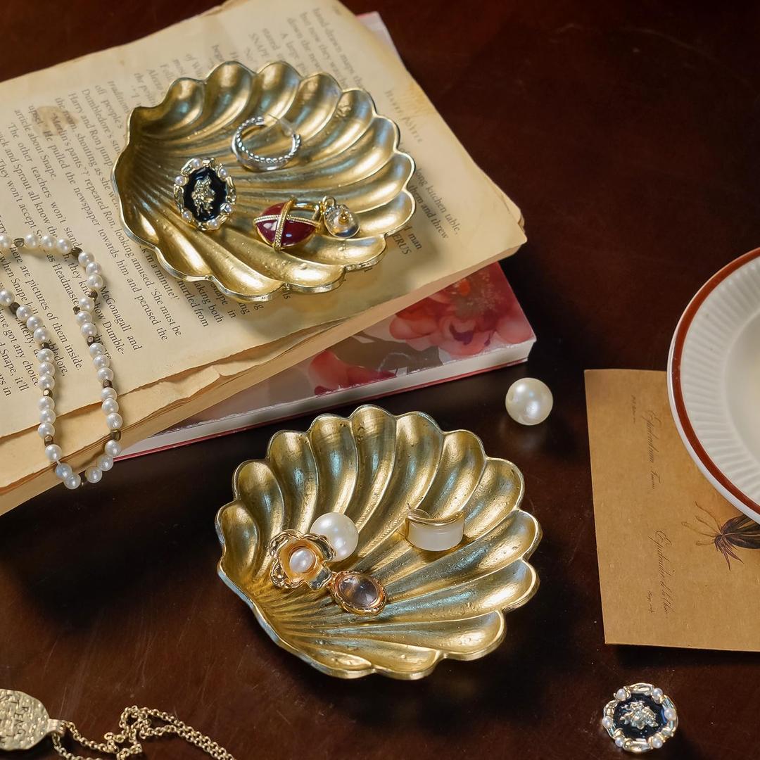 NIKKY HOME Vintage Gold Ring Holder Jewelry Dish Set of 2, Shell Shaped Trinket Display Decorative Metal Tray Classy Birthday Gifts for Women