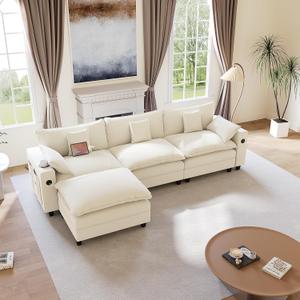 KCGKCG 116" Modular Sectional Sofa, L Shaped Cloud Couch with Movable Ottoman, Chenille Deep Seat Cloud Sofa with Charging Station, Cup Holder, Side Pocket, Sectional Couches for Living Room, Beige