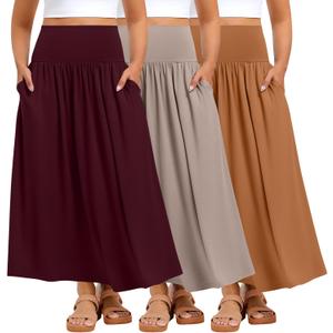 Ficerd 3 Pack Plus Size Maxi Skirts for Curvy Women Pockets Casual 2026 Boho Summer Flowy Long Skirt a Line High Waist Dress, XL