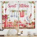 Riyidecor Rustic Farmhouse Kitchen Curtains Small Short Strawberry Floral Fruit Dessert Wood Board Red Watercolor Rod Pocket Country Daisy Bedroom Living Room Treatment Fabric 2 Panels 27.5Wx39H Inch