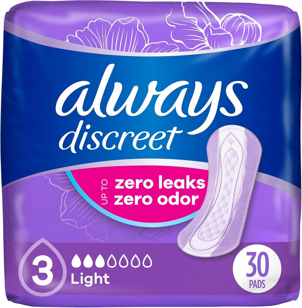 Always Discreet Adult Incontinence Pads for Women, Drier, 3 Drop Regular Length, Light Absorbency, Pads for Bladder Control Management, Bladder Leaks, & Postpartum Pads, 90ct