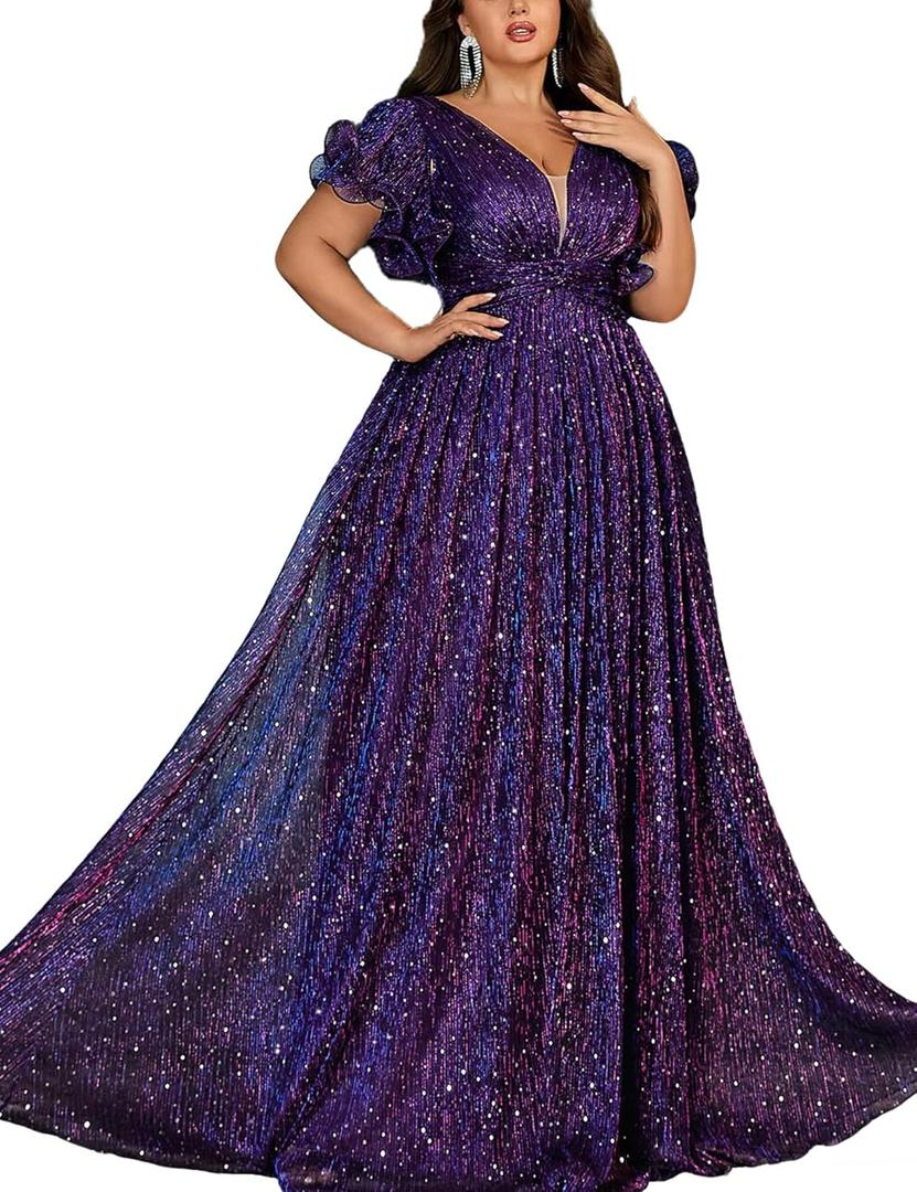 VOUIAO Women Plus Size Wedding Guest Summer Long Prom Dress A Line Elegant Formal Evening Party Cocktail Bridesmaid Gown Purple 1XL