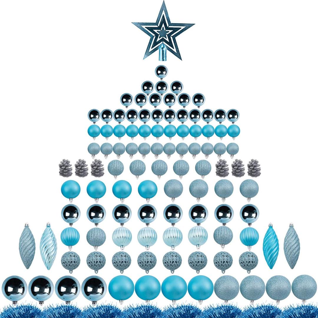 Ogrmar 119ct Christmas Tree Ball Ornaments Set Assorted Shapes and Sizes Shatterproof Hanging Decoration with Hand-held Gift Package for Christmas Tree Holiday Wedding Party (Blue)