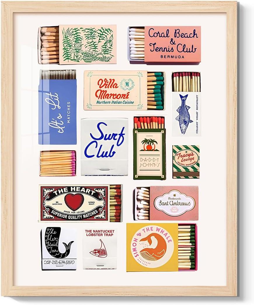 Vintage Matchbox Wall Art Colorful Matchbook Illustration Wall Decor Preppy Matchsticks Aesthetic Art Prints Framed Trendy Retro Matches Collage Poster for Apartment Home Walls Decoration, 8x10 Inch (10L" x 8W")