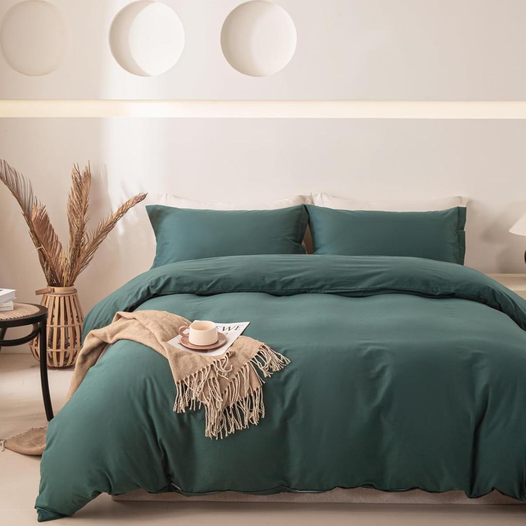 OAITE 100% Washed Cotton Duvet Cover King Size Soft Breathable Durable Bedding with Zipper Closure & 8 Corner Ties- 3 Pieces Plain Simple Duvet Cover Set,2 Pillow Shams,1 Duvet Cover(104"x90")