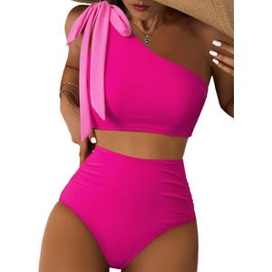 Herseas Womens Hot Pink Bikini Sets Two Piece One Shoulder Tie Bow Swimsuit Modest Ruched Wireless Bathing Suit Large