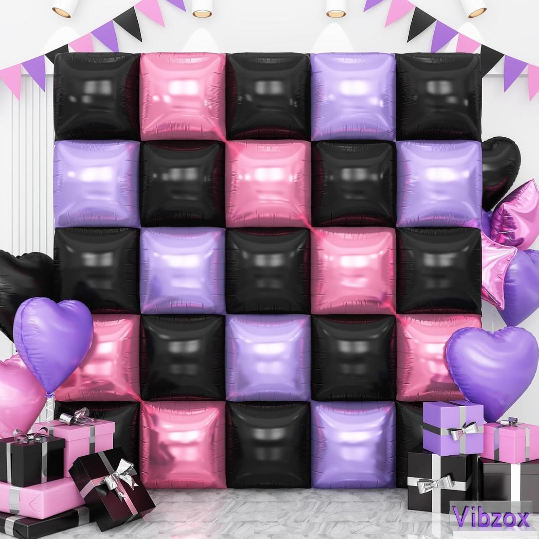 Pink and Purple Black Square Foil Balloons Wall, Chrome Pink Purple Black Foil Balloons Double Sided Square Balloons for Girls Women Birthday Baby Shower Graduation Halloween Party Decorations