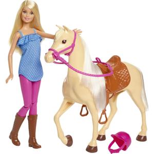 Barbie Doll, Blonde, Wearing Riding Outfit with Helmet, and Light Brown Horse with Soft White Mane and Tail, Gift for 3 to 7 Year Olds