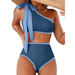 Herseas Women's One Bow Shoulder Bikini Sets 2 Piece Ruched Swimsuit Elegant Bathing Suit, XL